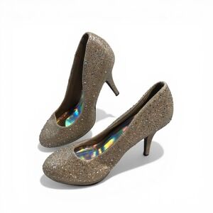 Silver Slipper Gold Glitter Rhinestone Platform Pumps Iridescent Insole Size 8M